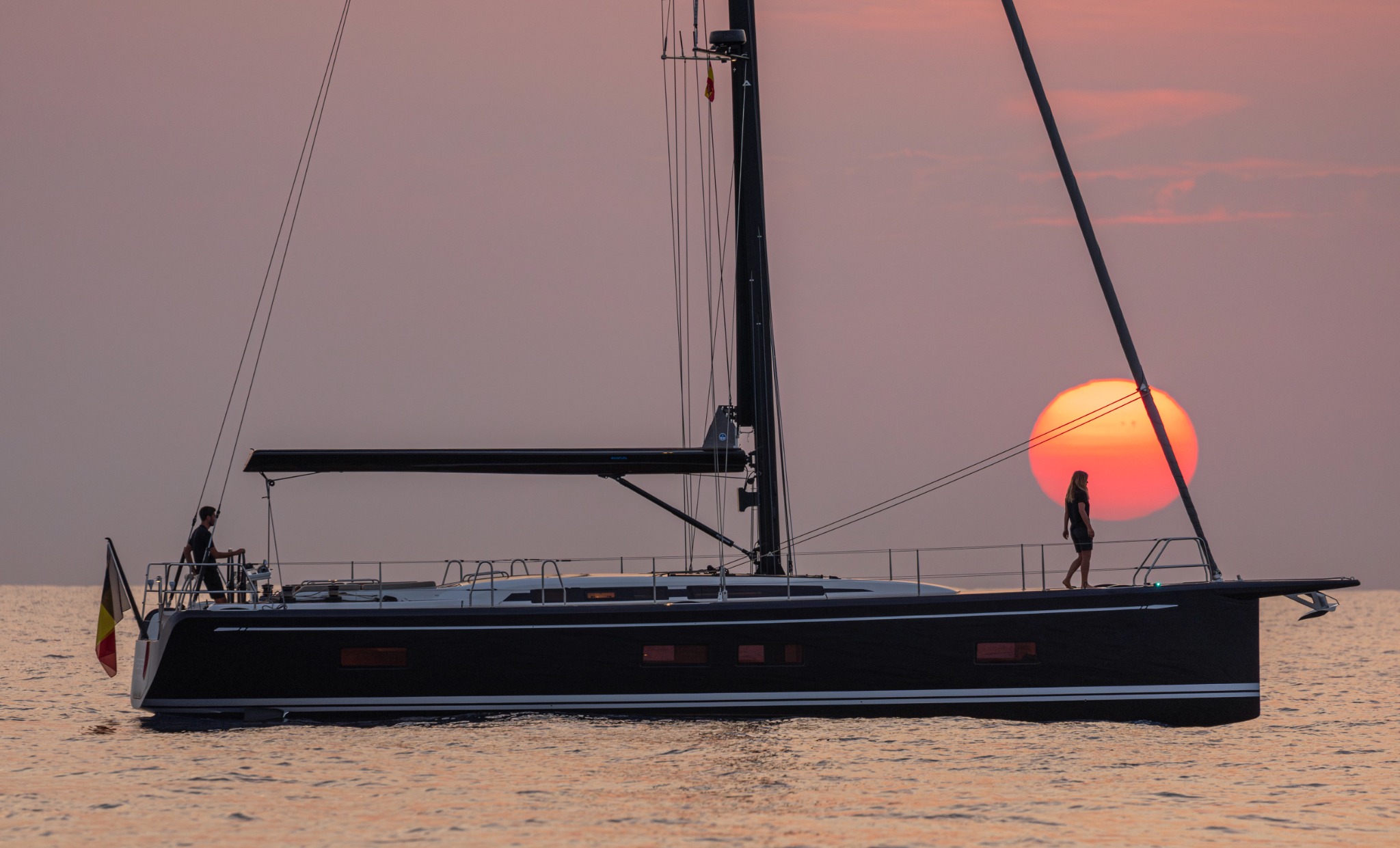 Vesper, Swan 51, at sunset on the Mediterranean